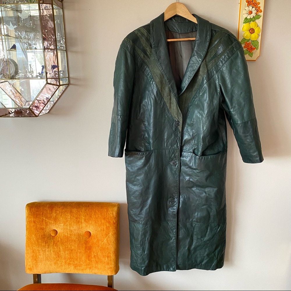 Vintage Green Genuine Leather Trench Coat with Triangle Pattern